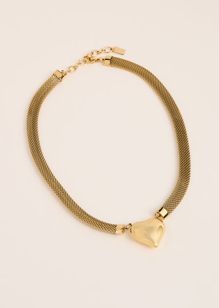 COLLIER LOVE EN ACIER INOXYDABLE MAILLE TRESSÉE PENDENTIF GROS COEUR AU CENTRE DU COLLIER 